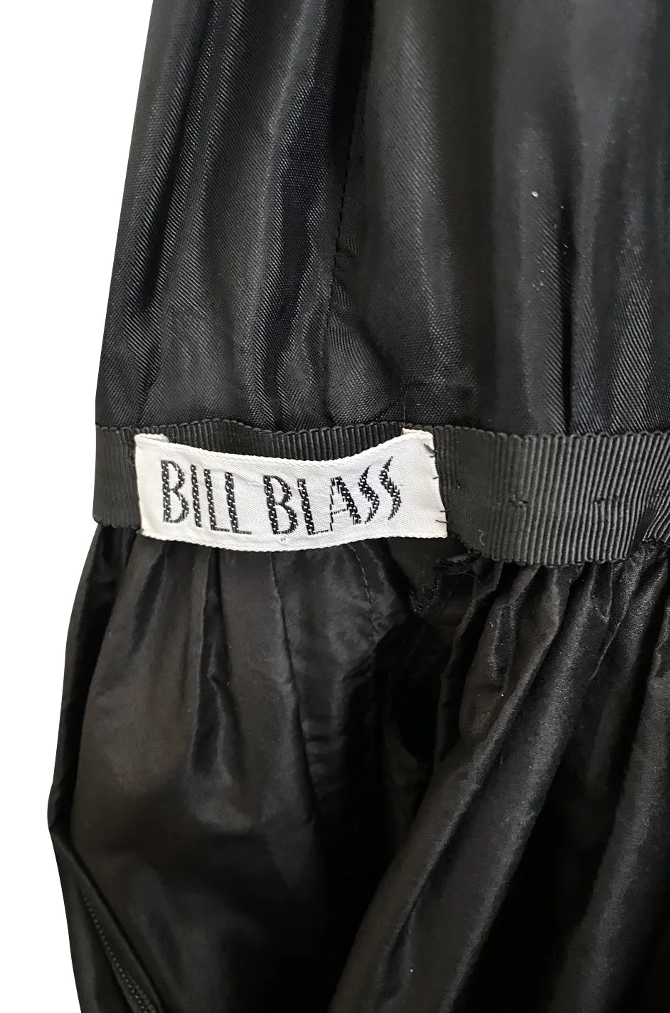1972 Bill Blass Black Silk Taffeta Dress w Attached Silk Organza Skirt & Open Ruffled Back
