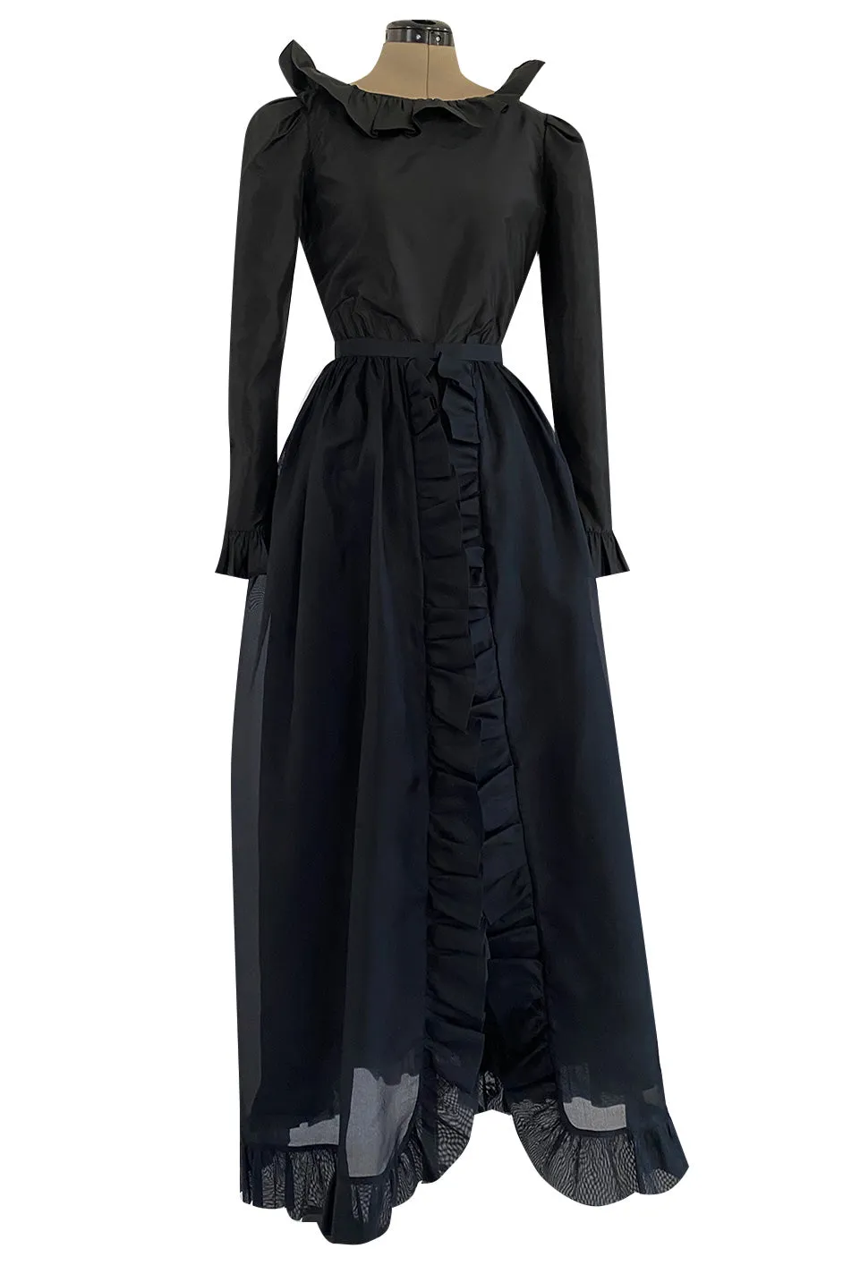 1972 Bill Blass Black Silk Taffeta Dress w Attached Silk Organza Skirt & Open Ruffled Back