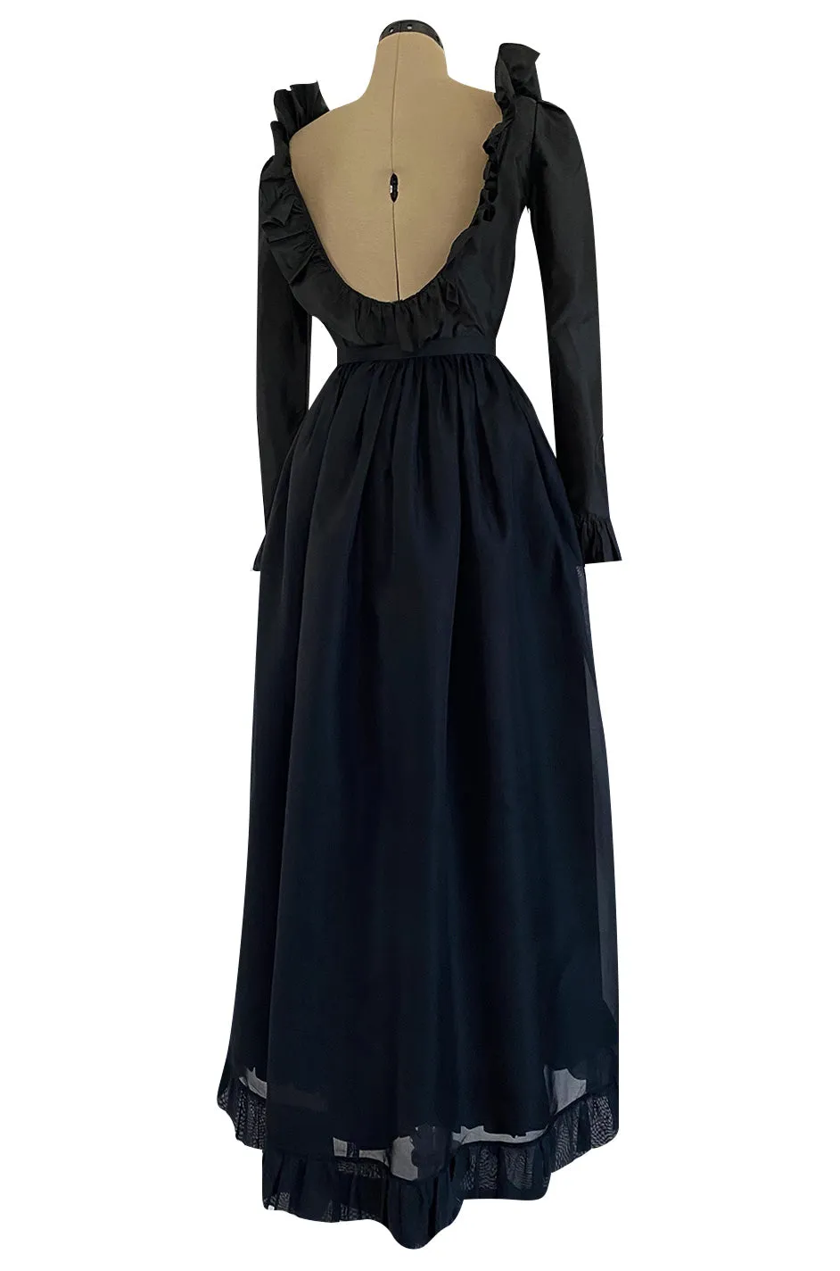 1972 Bill Blass Black Silk Taffeta Dress w Attached Silk Organza Skirt & Open Ruffled Back