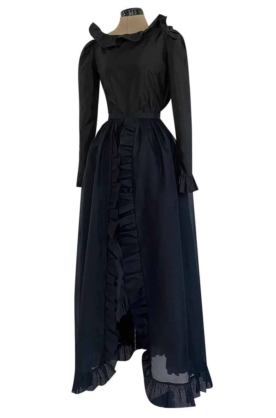 1972 Bill Blass Black Silk Taffeta Dress w Attached Silk Organza Skirt & Open Ruffled Back