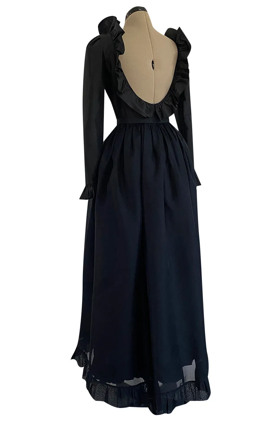 1972 Bill Blass Black Silk Taffeta Dress w Attached Silk Organza Skirt & Open Ruffled Back