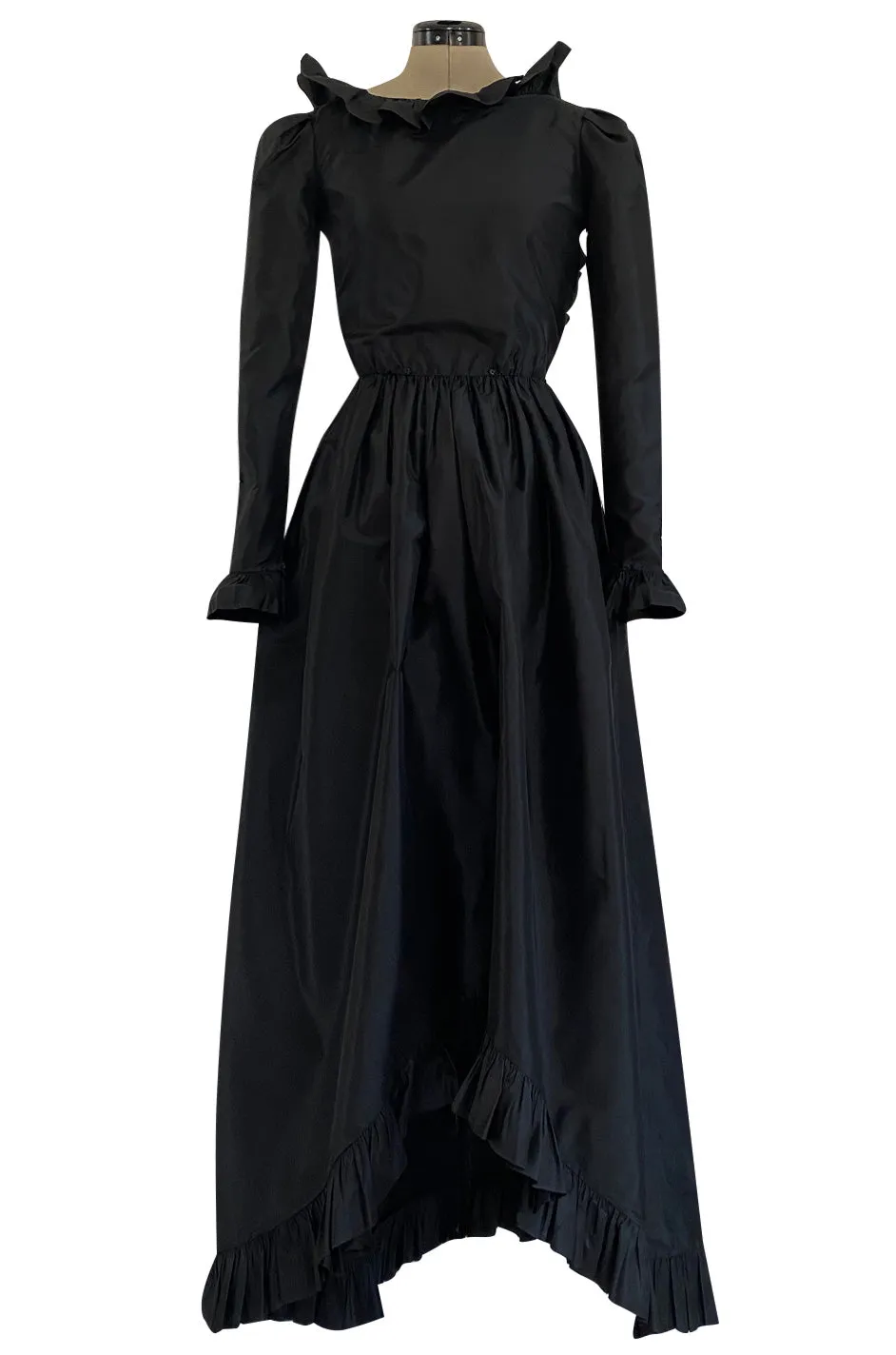 1972 Bill Blass Black Silk Taffeta Dress w Attached Silk Organza Skirt & Open Ruffled Back