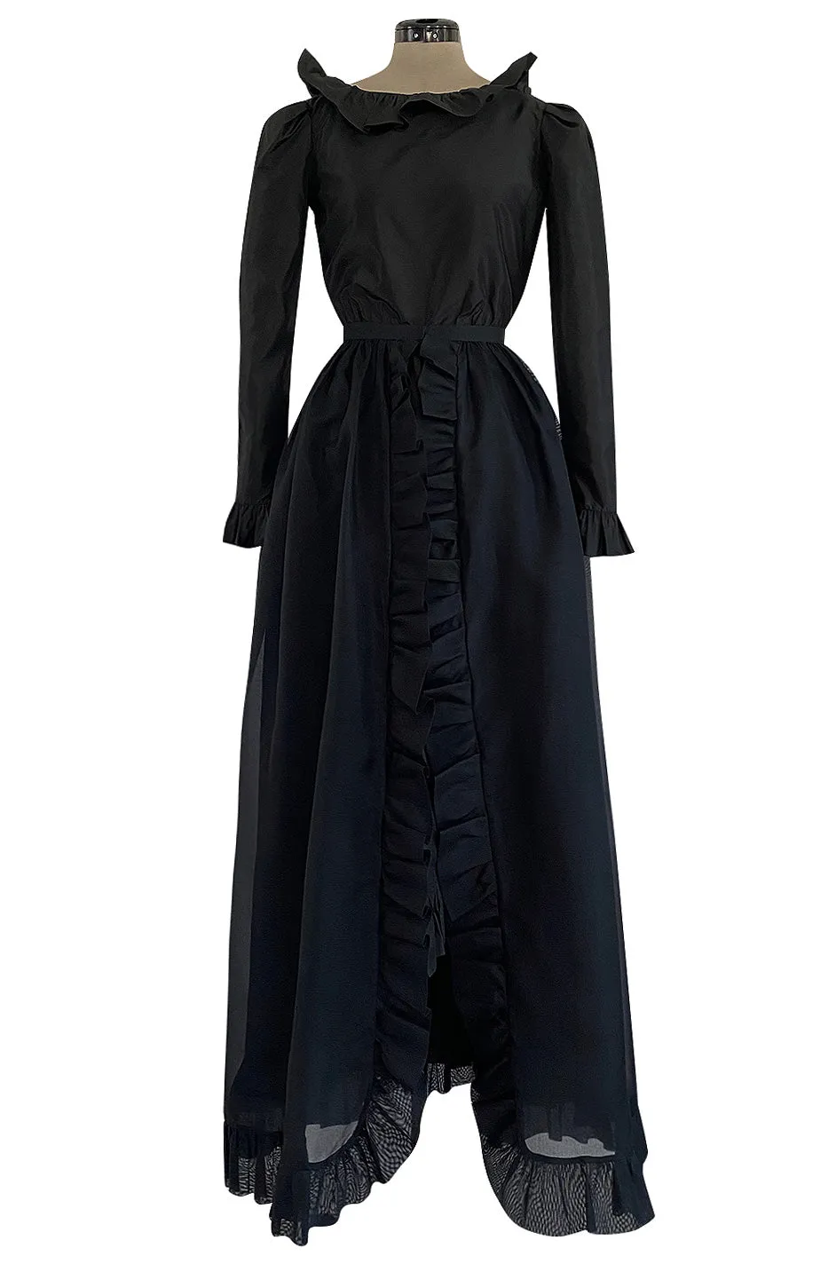 1972 Bill Blass Black Silk Taffeta Dress w Attached Silk Organza Skirt & Open Ruffled Back