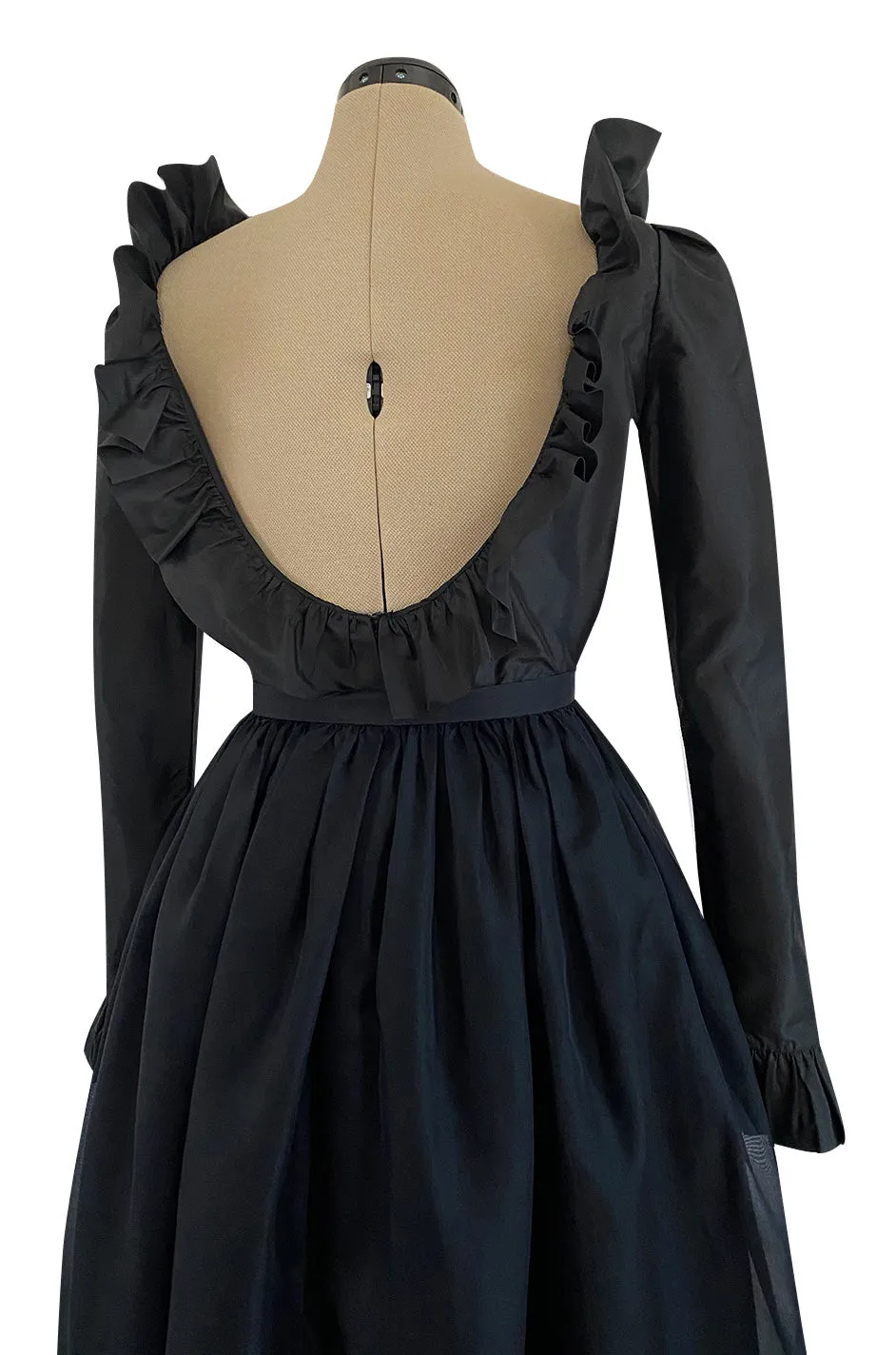 1972 Bill Blass Black Silk Taffeta Dress w Attached Silk Organza Skirt & Open Ruffled Back