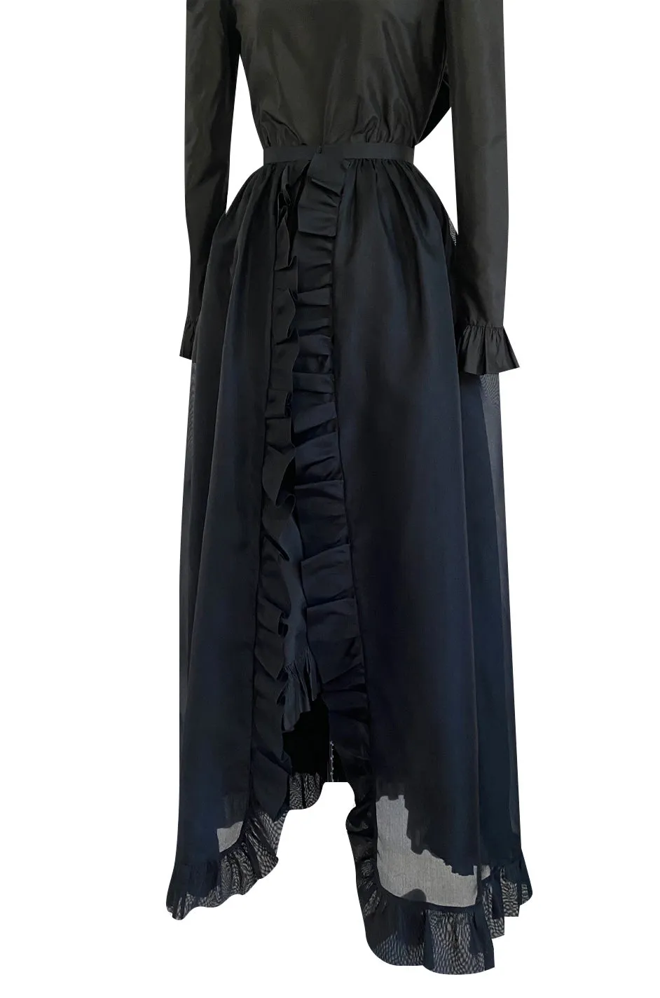 1972 Bill Blass Black Silk Taffeta Dress w Attached Silk Organza Skirt & Open Ruffled Back