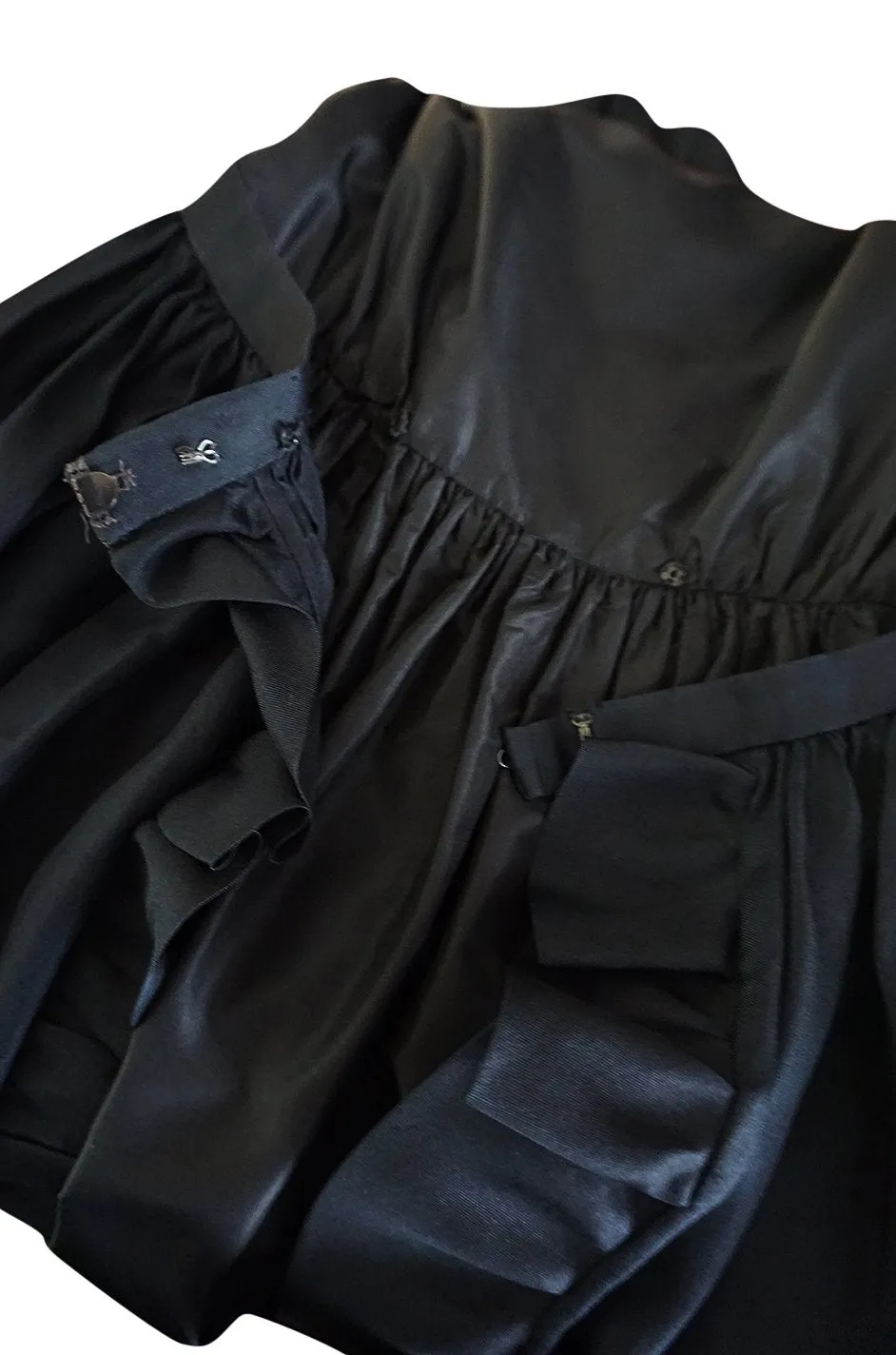 1972 Bill Blass Black Silk Taffeta Dress w Attached Silk Organza Skirt & Open Ruffled Back