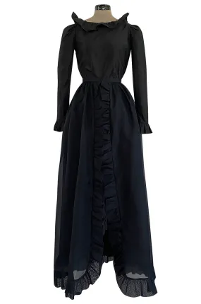 1972 Bill Blass Black Silk Taffeta Dress w Attached Silk Organza Skirt & Open Ruffled Back