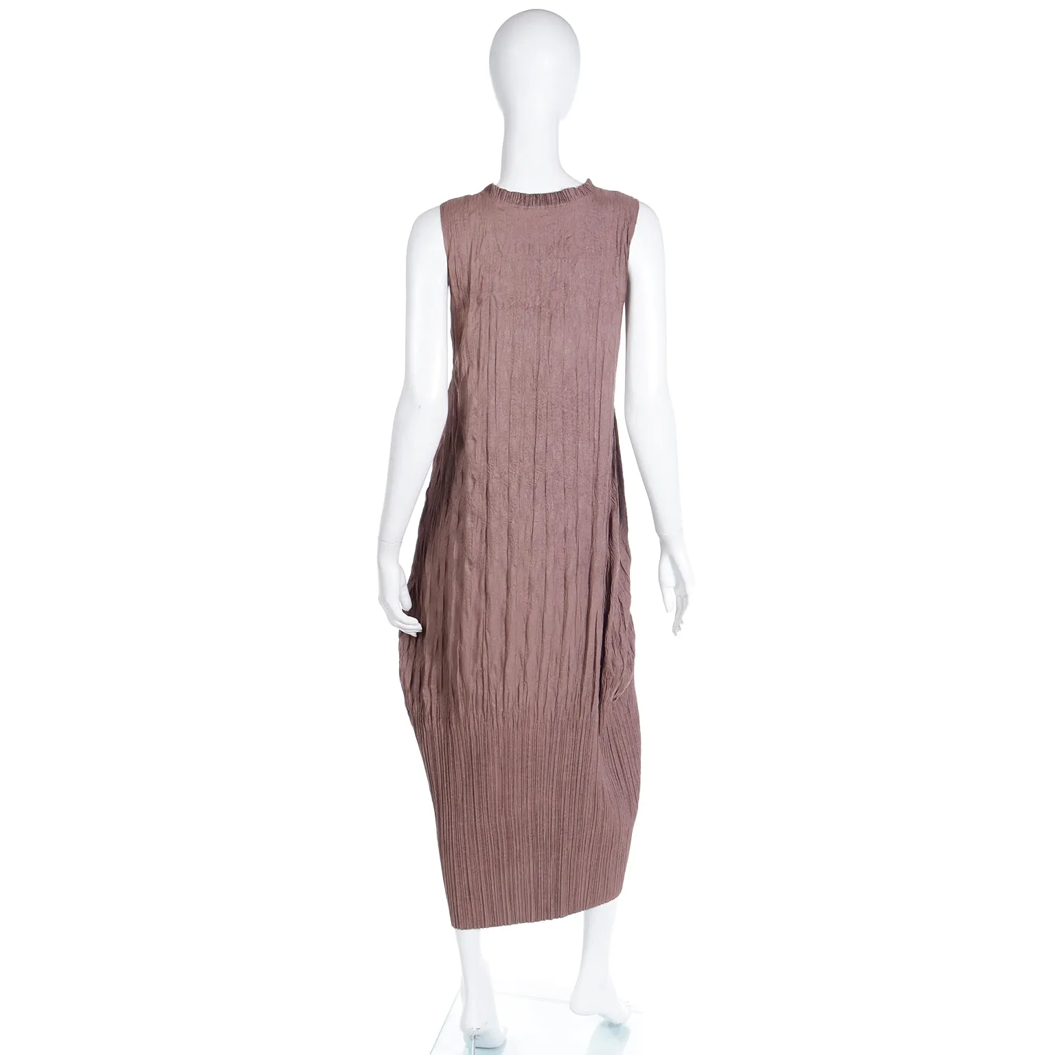 1990s Issey Miyake Brown Crinkle Pleated Sleeveless Dress