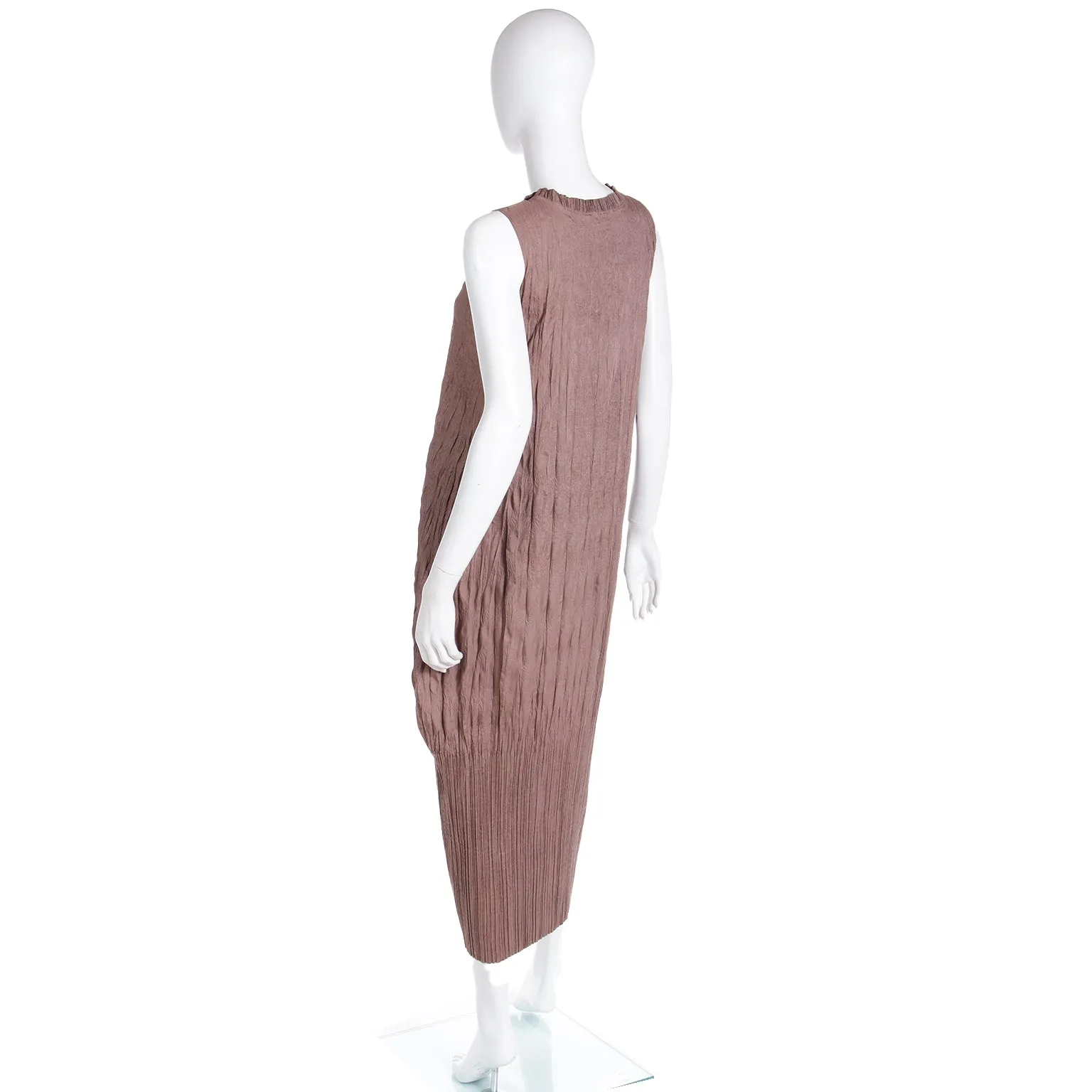 1990s Issey Miyake Brown Crinkle Pleated Sleeveless Dress
