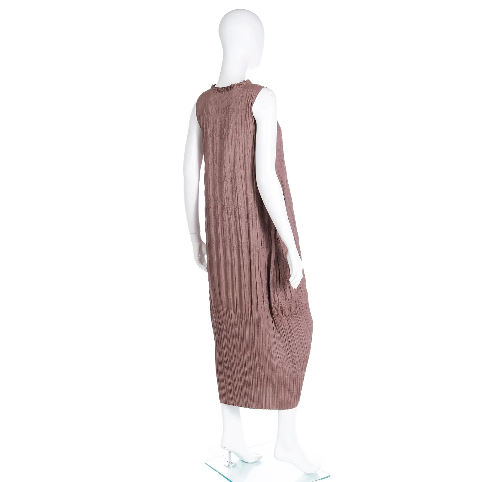 1990s Issey Miyake Brown Crinkle Pleated Sleeveless Dress