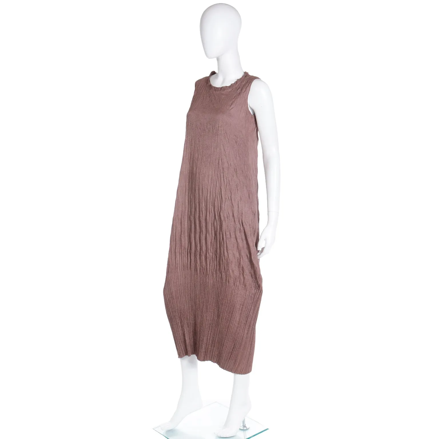 1990s Issey Miyake Brown Crinkle Pleated Sleeveless Dress