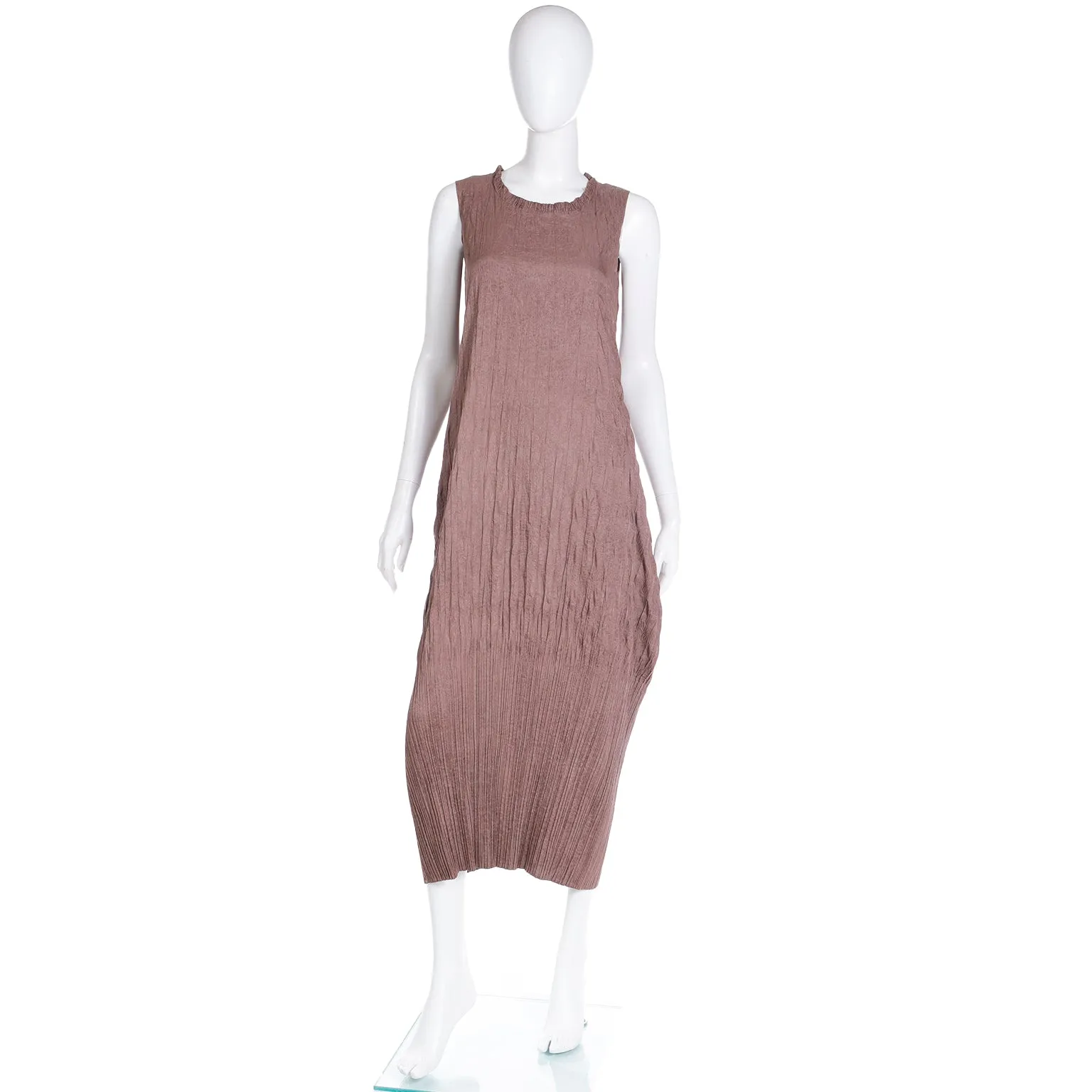 1990s Issey Miyake Brown Crinkle Pleated Sleeveless Dress