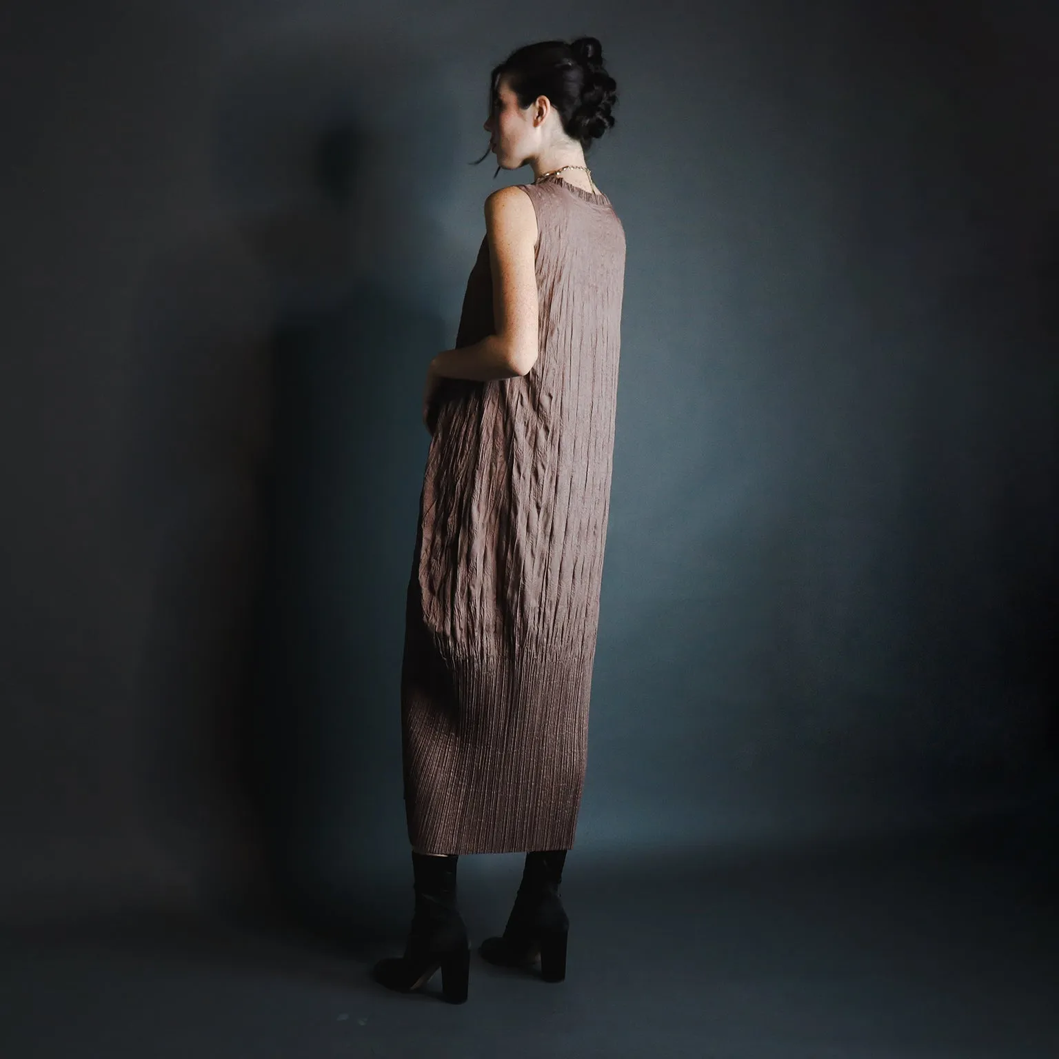 1990s Issey Miyake Brown Crinkle Pleated Sleeveless Dress