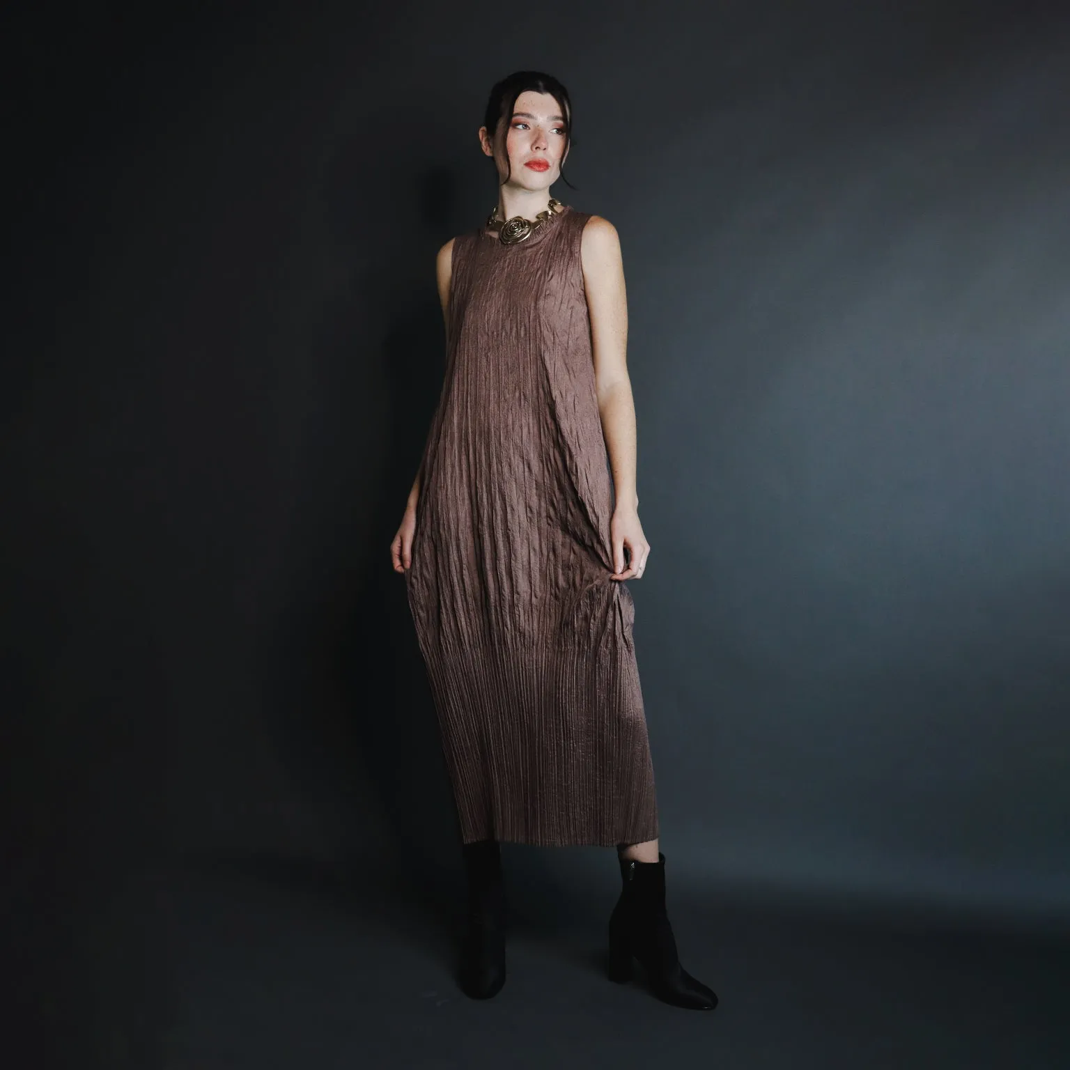 1990s Issey Miyake Brown Crinkle Pleated Sleeveless Dress