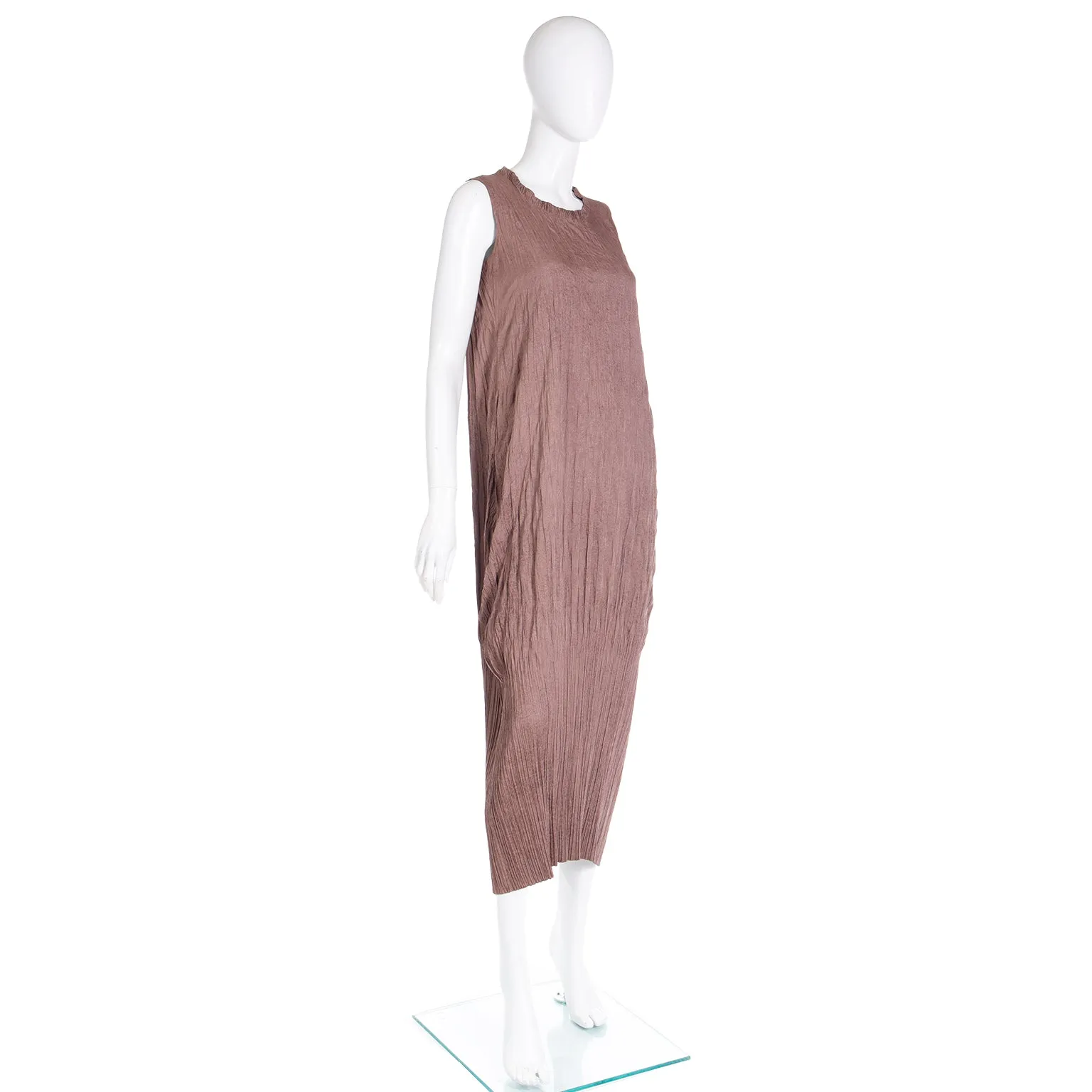 1990s Issey Miyake Brown Crinkle Pleated Sleeveless Dress
