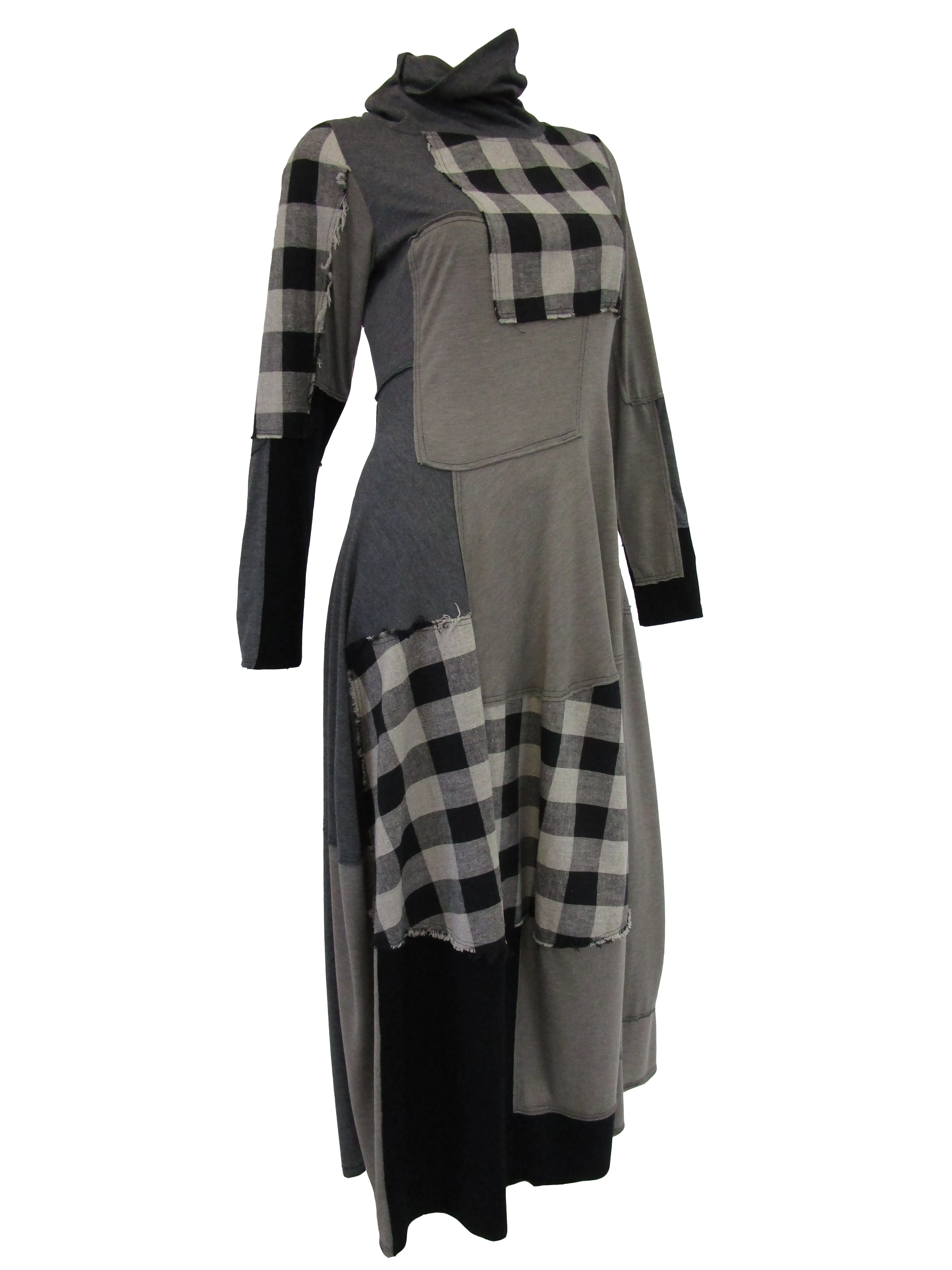 1990s Ivan Grundahl Grey and Black Patchwork Stretch Maxi Dress