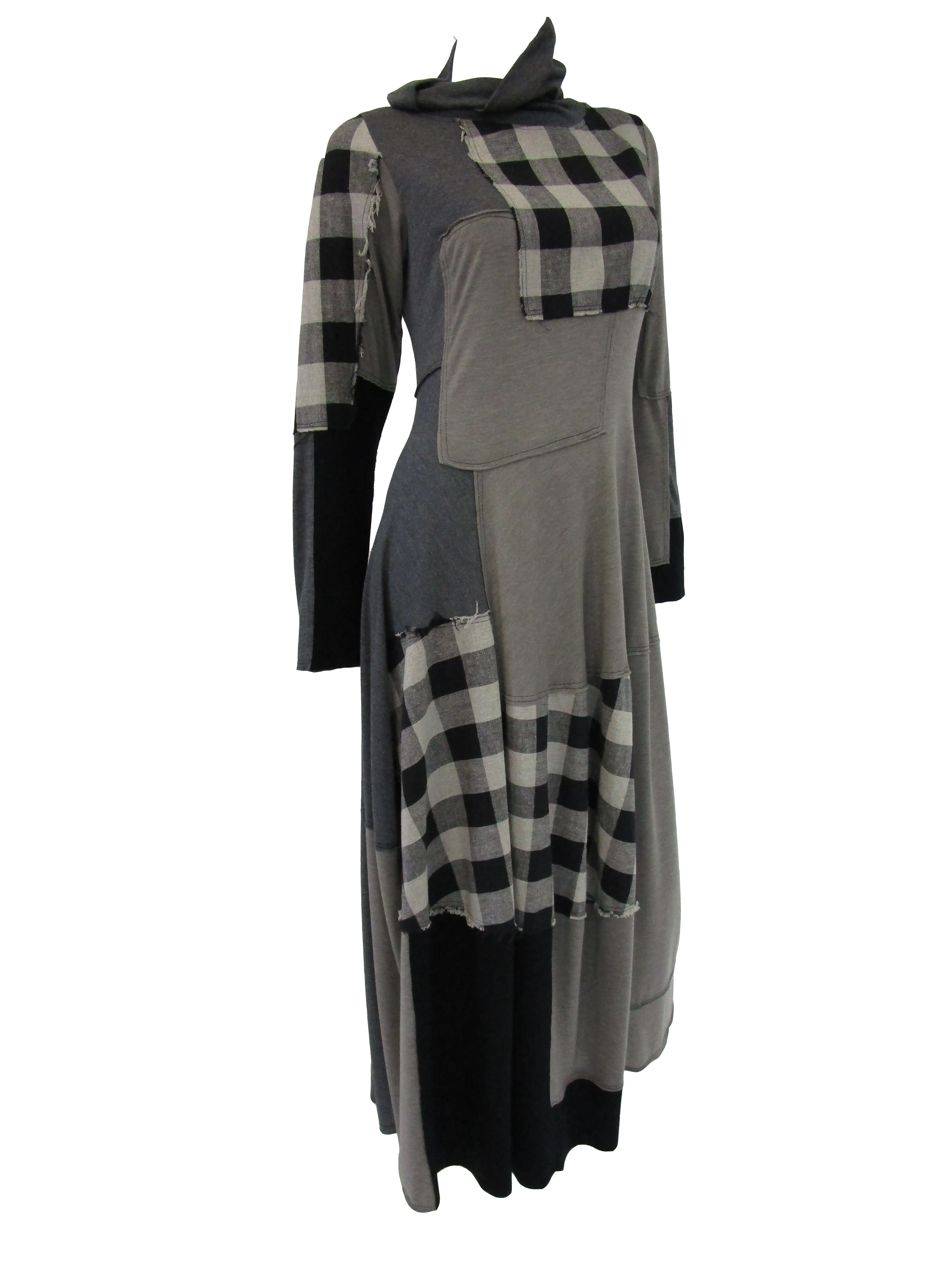 1990s Ivan Grundahl Grey and Black Patchwork Stretch Maxi Dress