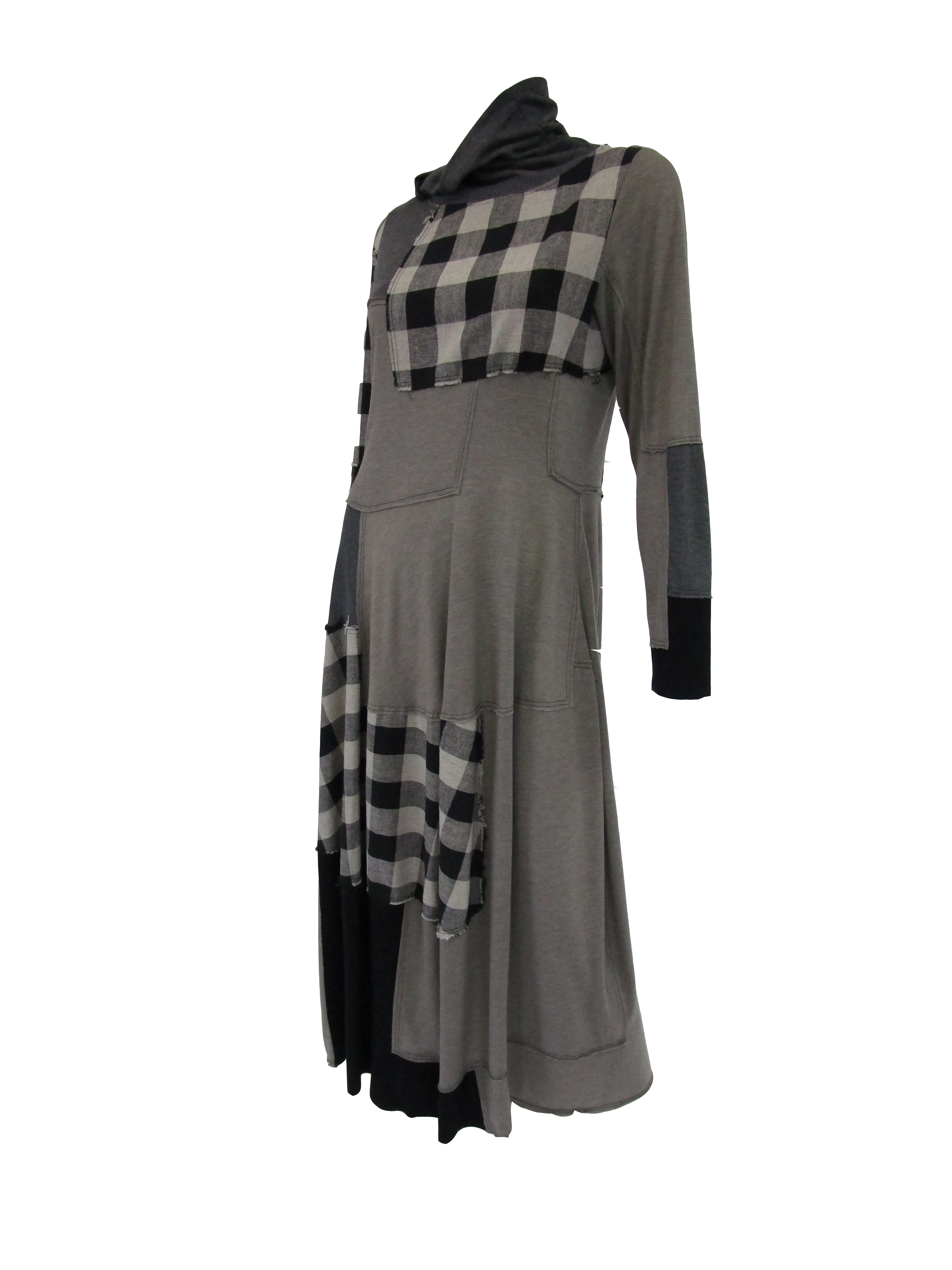 1990s Ivan Grundahl Grey and Black Patchwork Stretch Maxi Dress