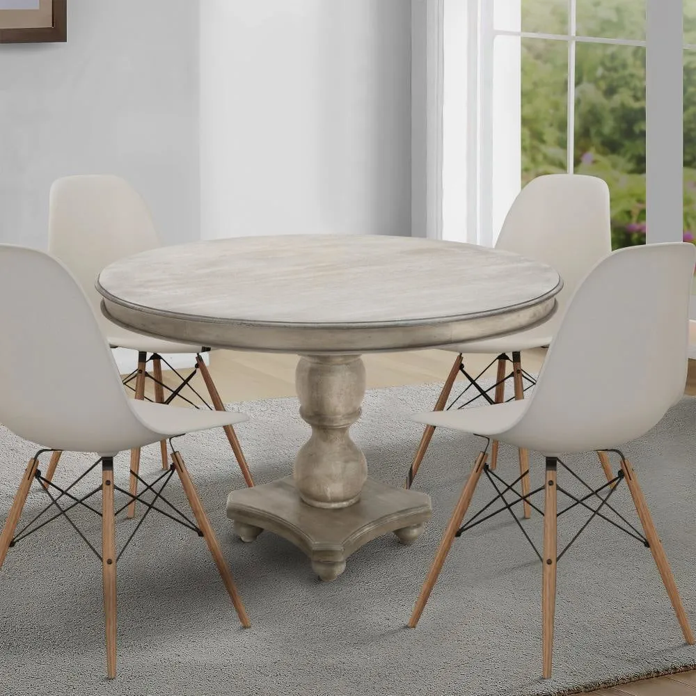 42 Inch Handcrafted Mango Wood Dining Table, Pedestal Base, Round Molded Top, Washed White, Gray By The Urban Port