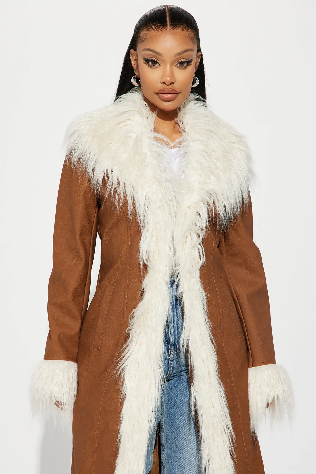90's Fine Faux Leather Coat - Cognac