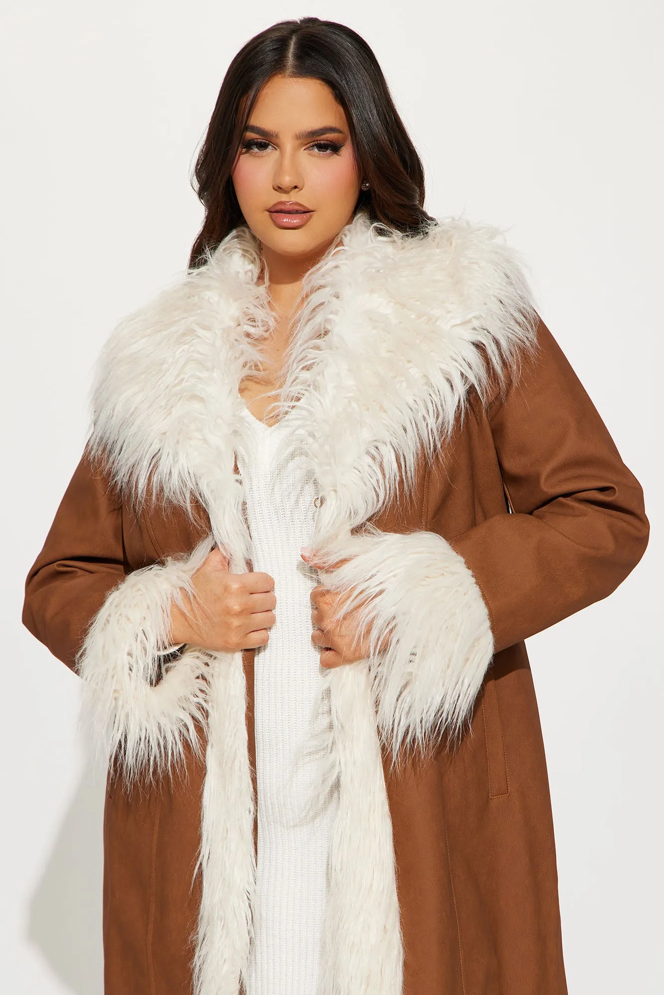 90's Fine Faux Leather Coat - Cognac