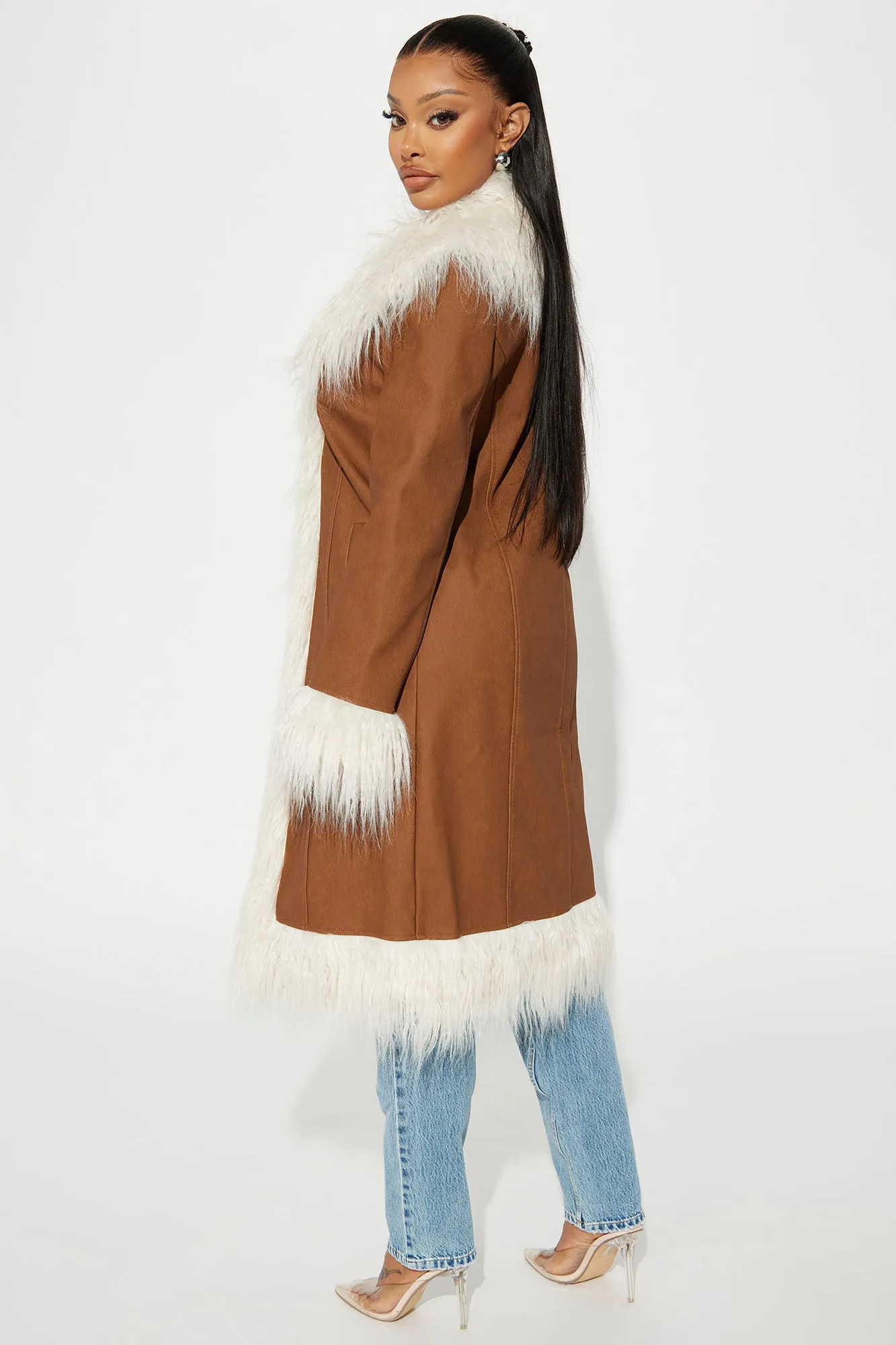 90's Fine Faux Leather Coat - Cognac