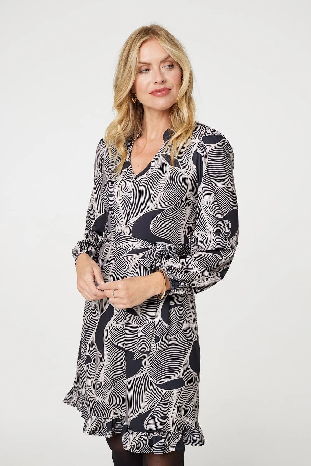 Abstract Ruffled Tie Waist Knee Length Dress