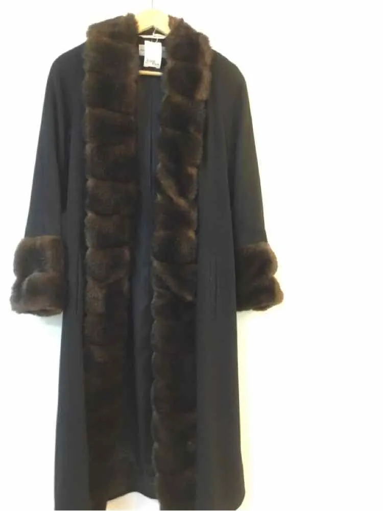 Albert Nipon Studio Size PS Black/Brown Vintage Fur Trim Maxi Coat