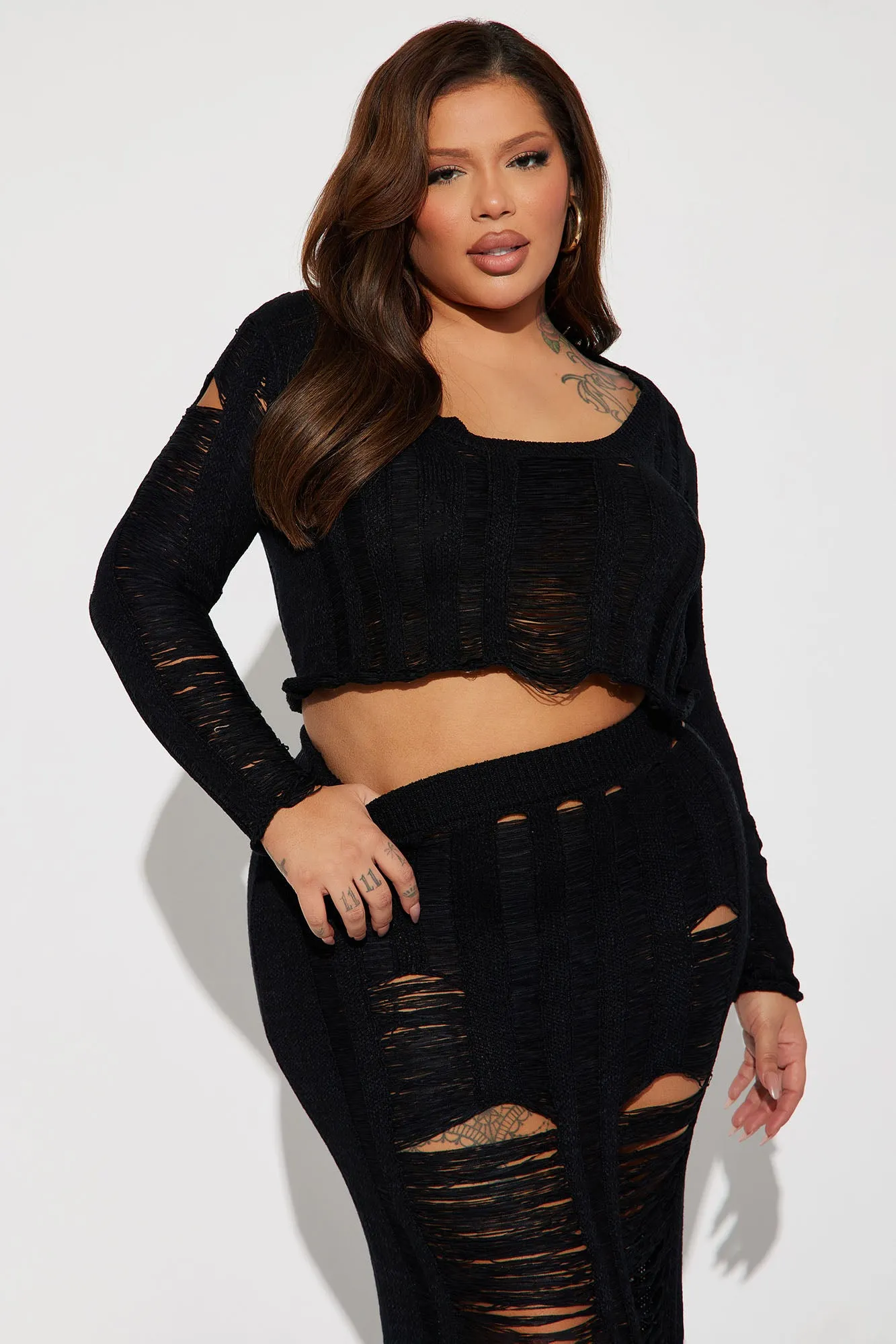 Allison Distressed Skirt Set - Black