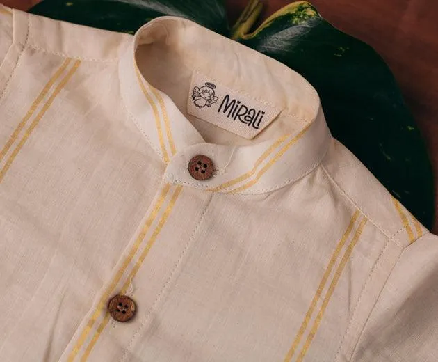 Alok- Boys Hand-loomed Cotton Cream Shirt with Golden Kasavu