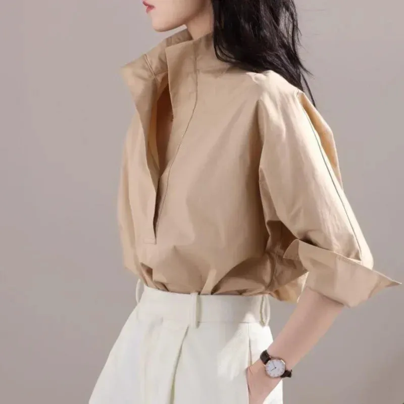Amozae-7-point Sleeve Shirt Women Versatile Early Autumn Bat Loose Stand Collar White Shirt Base Layer Elegant Top