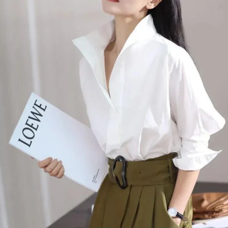 Amozae-7-point Sleeve Shirt Women Versatile Early Autumn Bat Loose Stand Collar White Shirt Base Layer Elegant Top