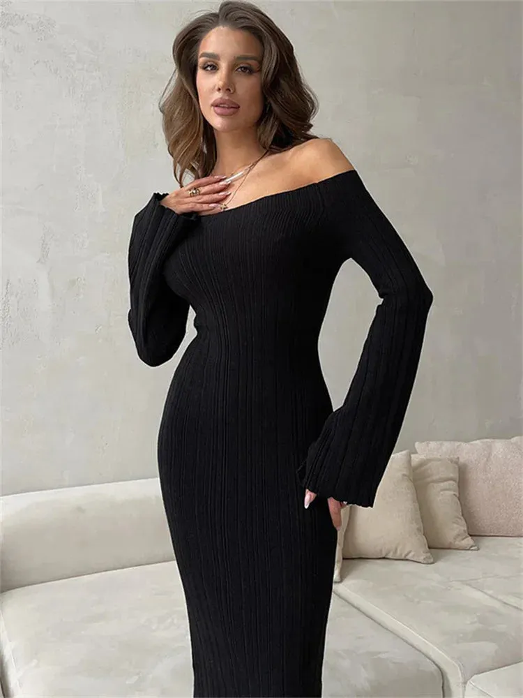 Amozae Autumn Knit Ribbed Long Dress Women Off-Shoulder Slim High Waist Patchwork Elegant Party Dress Female Maxi Dress Knitwear