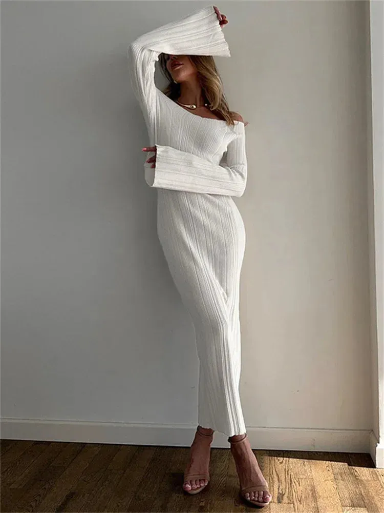 Amozae Autumn Knit Ribbed Long Dress Women Off-Shoulder Slim High Waist Patchwork Elegant Party Dress Female Maxi Dress Knitwear