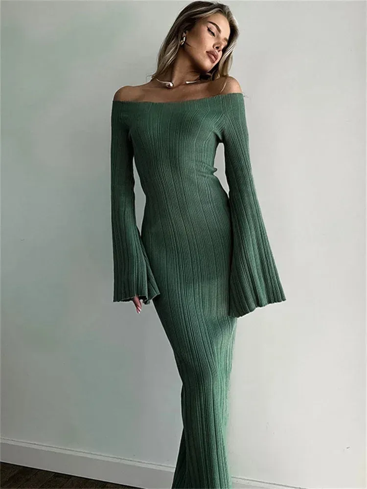 Amozae Autumn Knit Ribbed Long Dress Women Off-Shoulder Slim High Waist Patchwork Elegant Party Dress Female Maxi Dress Knitwear
