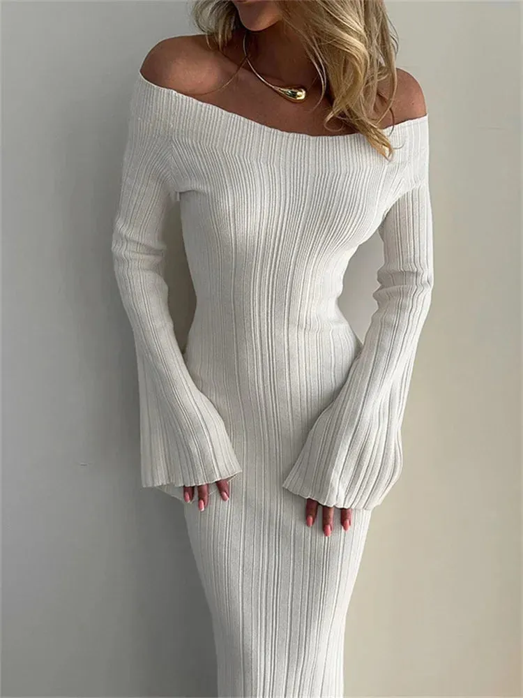 Amozae Autumn Knit Ribbed Long Dress Women Off-Shoulder Slim High Waist Patchwork Elegant Party Dress Female Maxi Dress Knitwear