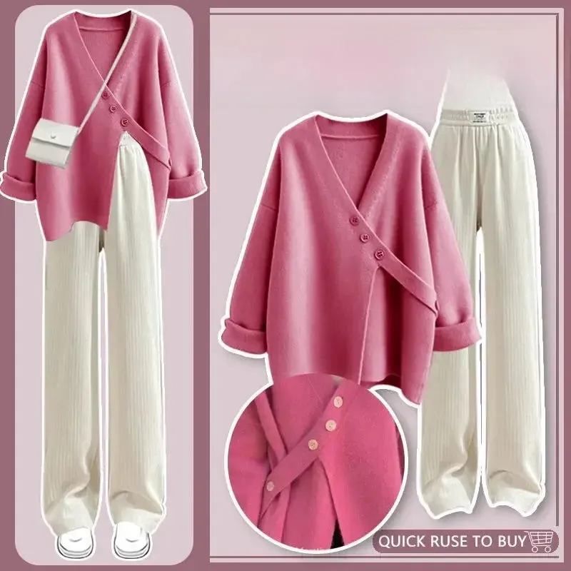 Amozae-Autumn/Winter 2024 New Women's Knit Sweater Set Loose-Fit Slimming Versatile Casual 2-Piece Suit