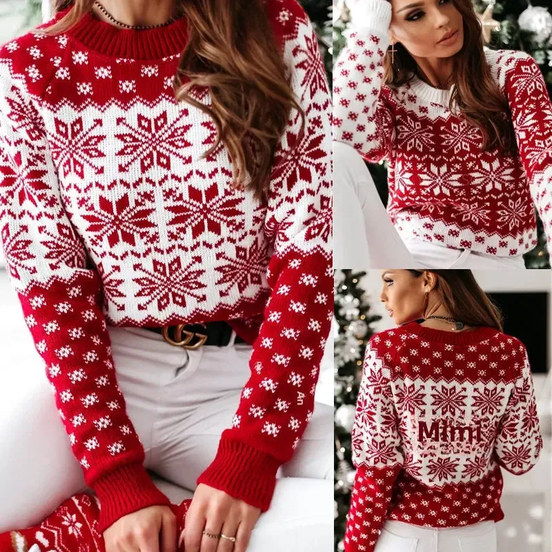 Amozae- Autumn/winter New Casual Christmas Snowflake Long Sleeve Knit Pullover Sweater Round Neck Amazon New Arrival
