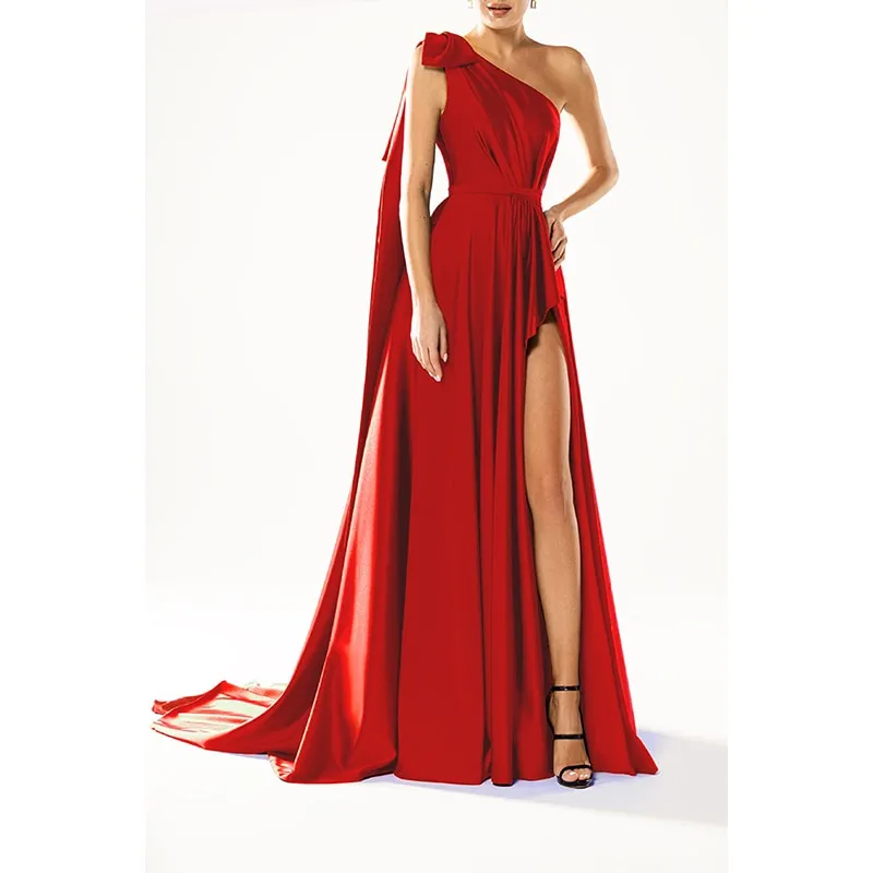 Amozae- Graduation Gift Big Sale One Shoulder Padded   Split fork Satin Maxi Dress Women's Evening Party Dress Gown with Ribbon Royal Green Draped Long Dress