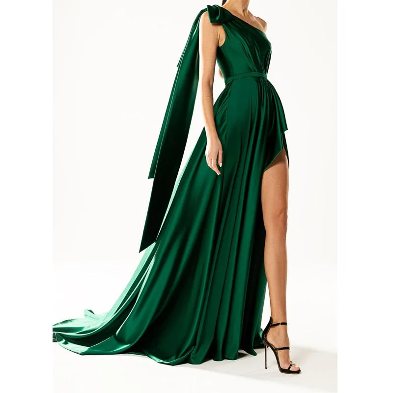 Amozae- Graduation Gift Big Sale One Shoulder Padded   Split fork Satin Maxi Dress Women's Evening Party Dress Gown with Ribbon Royal Green Draped Long Dress