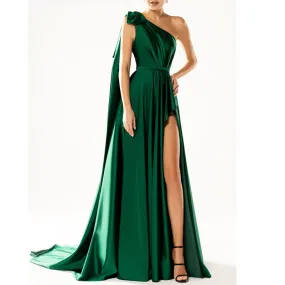 Amozae- Graduation Gift Big Sale One Shoulder Padded   Split fork Satin Maxi Dress Women's Evening Party Dress Gown with Ribbon Royal Green Draped Long Dress