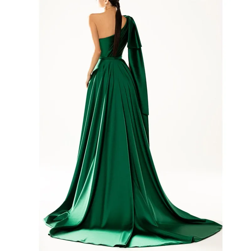Amozae- Graduation Gift Big Sale One Shoulder Padded   Split fork Satin Maxi Dress Women's Evening Party Dress Gown with Ribbon Royal Green Draped Long Dress