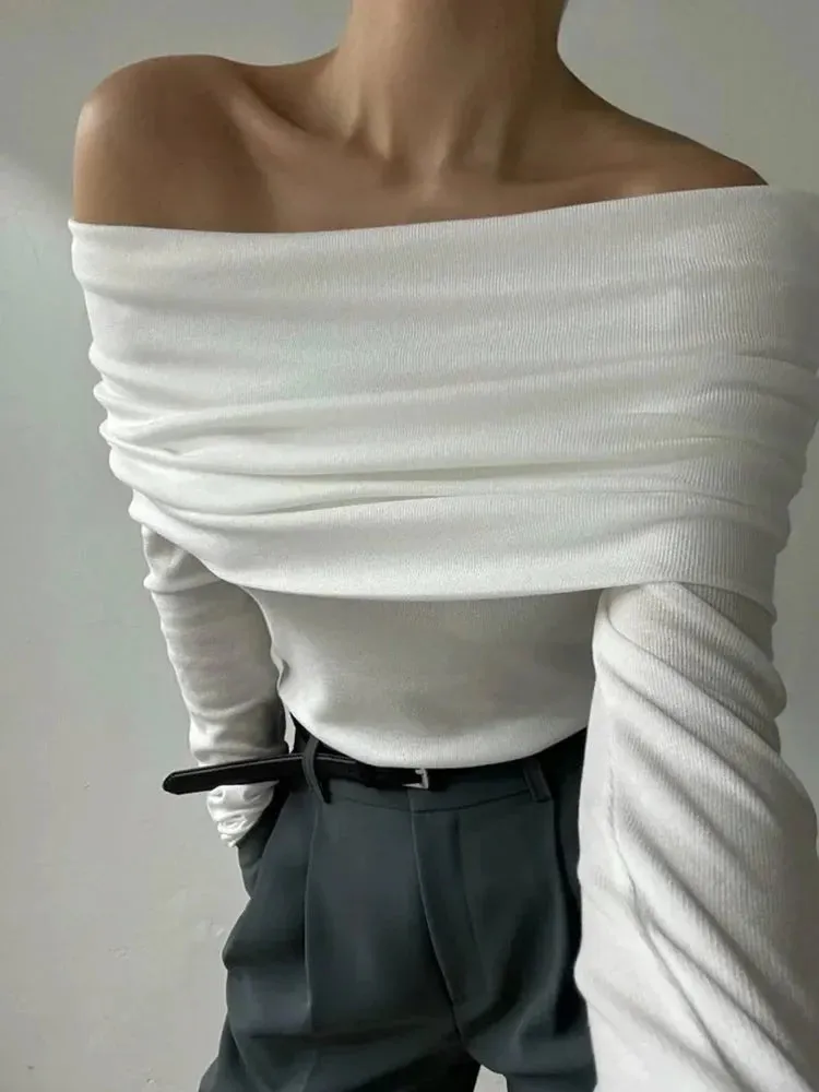Amozae Sweater Knit Pullover Backless Women Slim Bandeau Solid Cropped Top Streetwear Off-Shoulder Elegant Autumn Knitwear Top