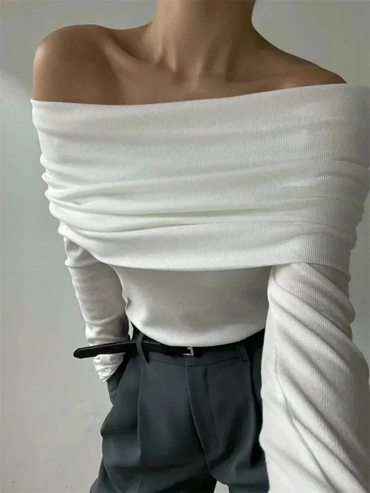 Amozae Sweater Knit Pullover Backless Women Slim Bandeau Solid Cropped Top Streetwear Off-Shoulder Elegant Autumn Knitwear Top