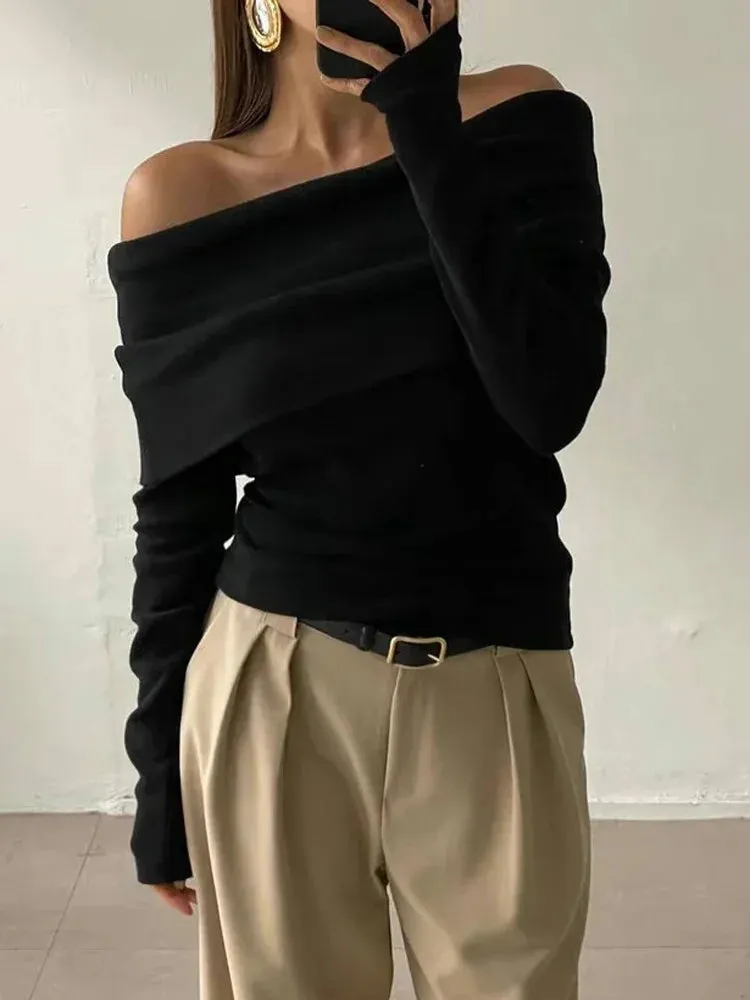 Amozae Sweater Knit Pullover Backless Women Slim Bandeau Solid Cropped Top Streetwear Off-Shoulder Elegant Autumn Knitwear Top