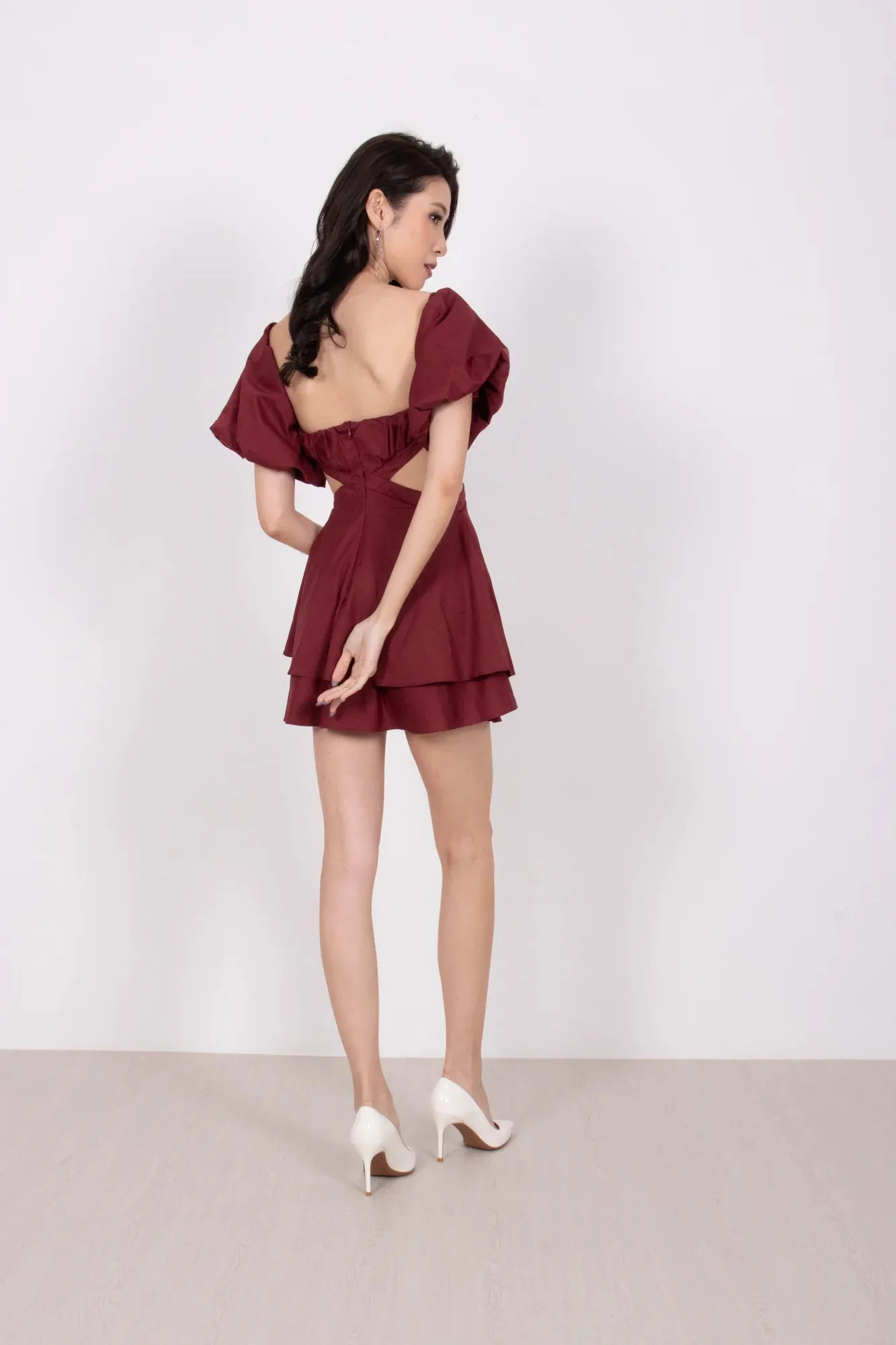 Angelia Off Shoulder Dress Romper in Burgundy