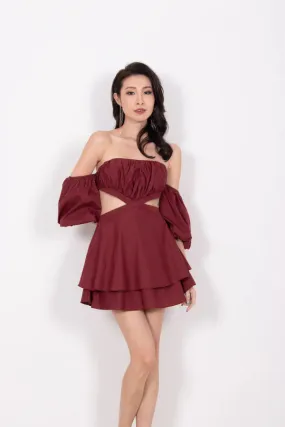 Angelia Off Shoulder Dress Romper in Burgundy