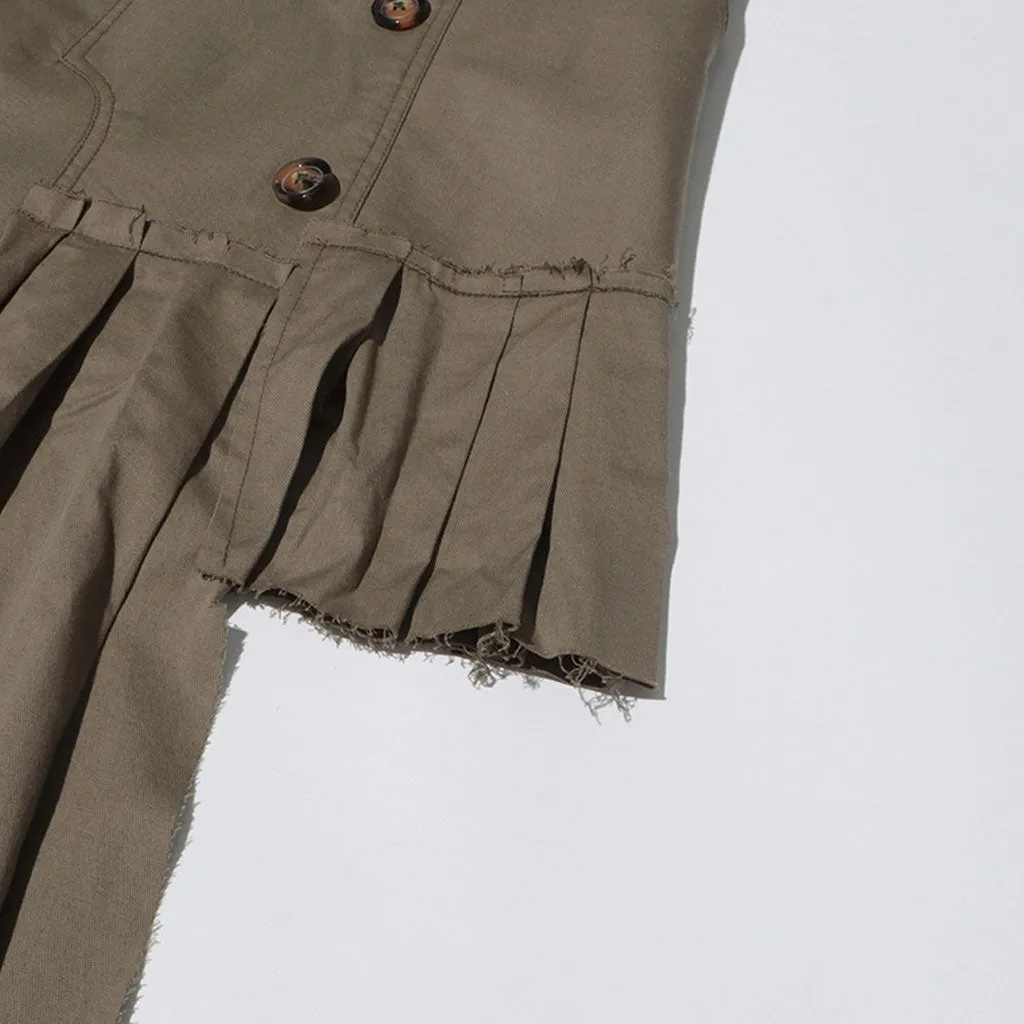 Asymmetrical Double Belt Button Up Jacket Pleated Maxi Skirt Matching Set