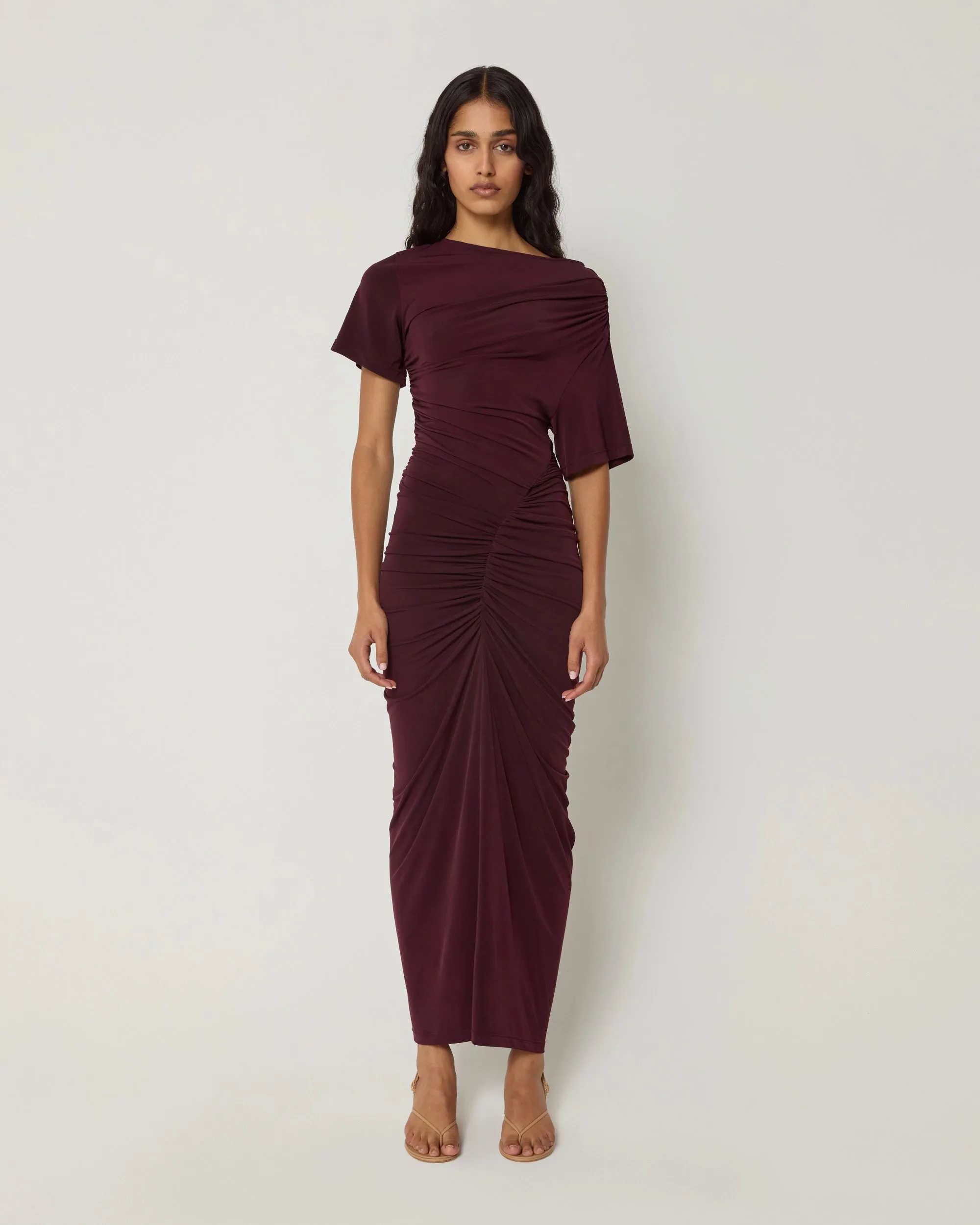 Asymmetrical Ruched Dress | Black Cherry