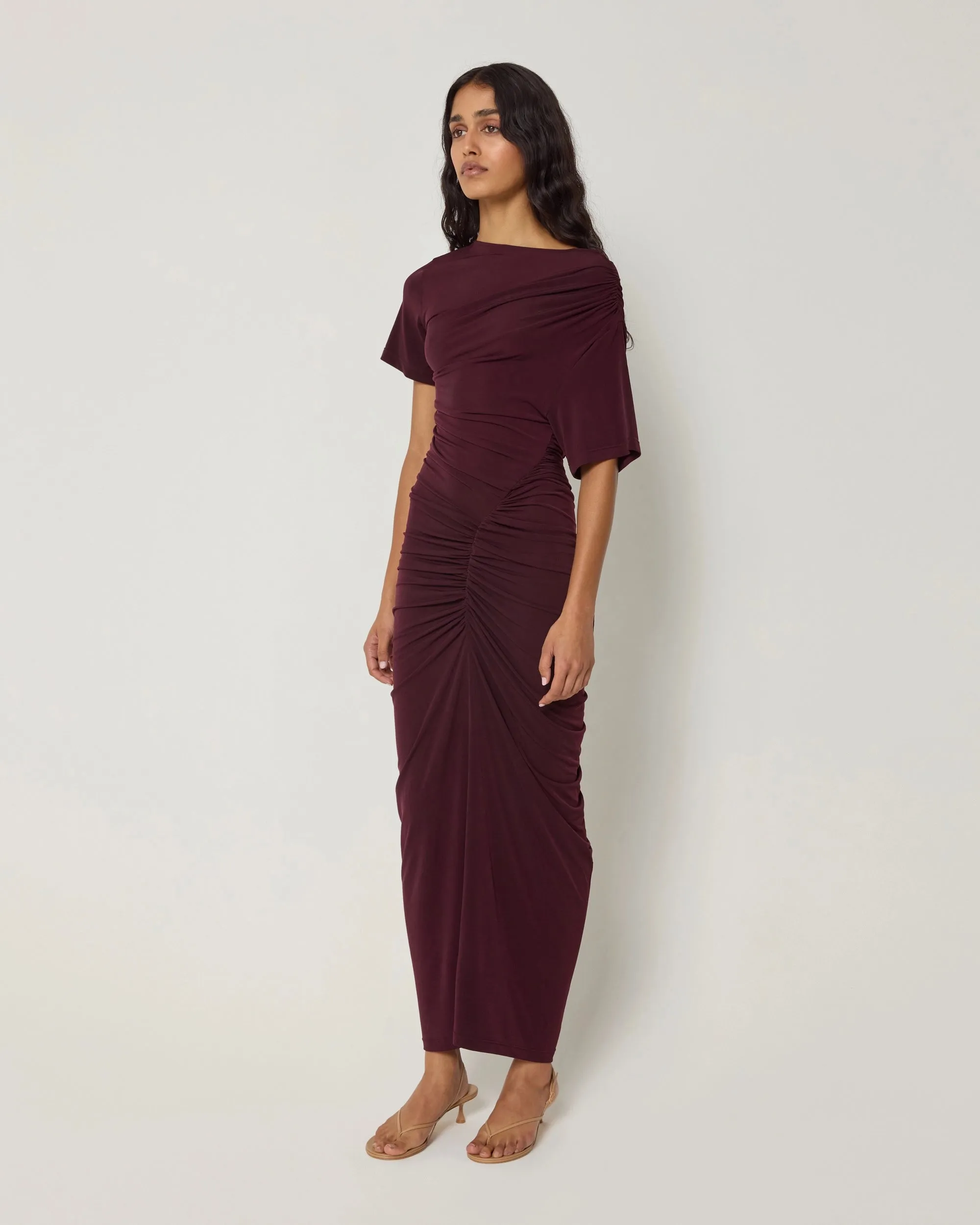 Asymmetrical Ruched Dress | Black Cherry